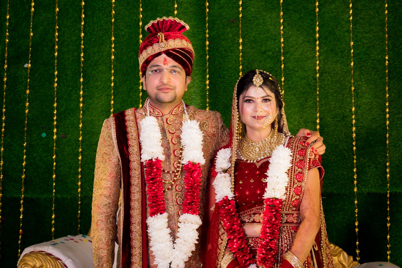 Beautiful portrait of a bride and groom in traditional Indian wedding attire, showcasing elegance and love.